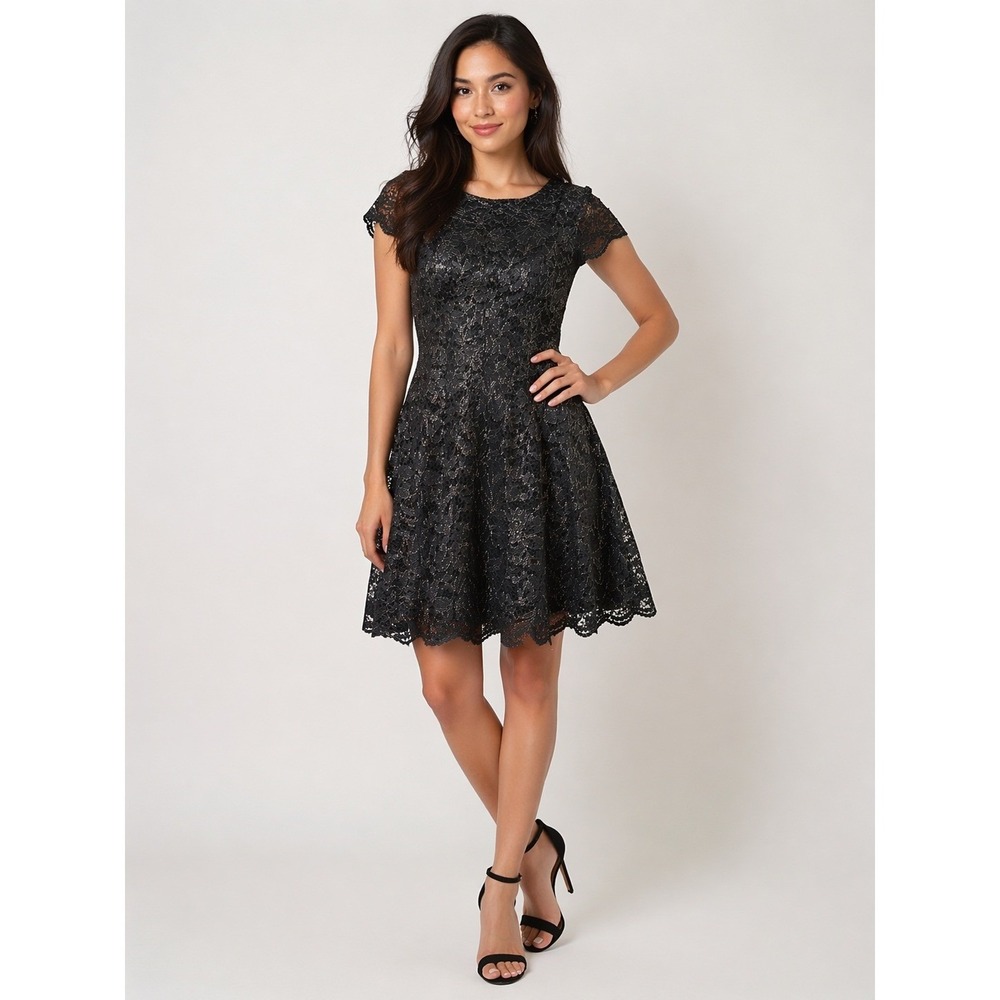 NWT Tommy Hilfiger Women Black Shine Lace Cap Sleeves Cocktail Dress Size 14‎